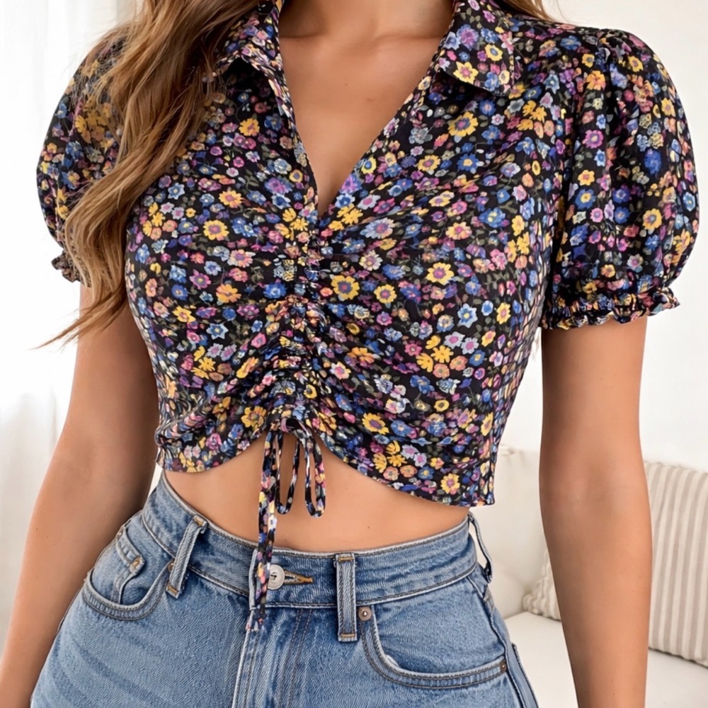 Freshman 1996 Floral Ruched Crop Top Puff Sleeve Black Multicolor Size M